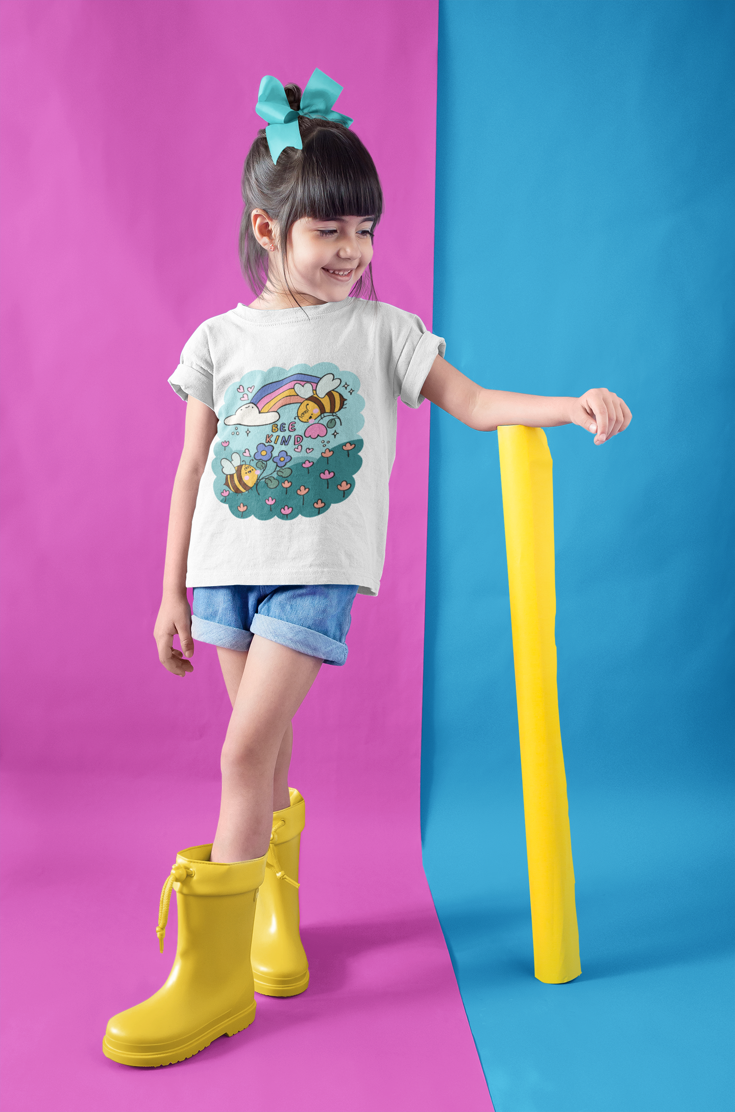 A girl wearing a t-shirt with a print of two bees in a field of flowers.